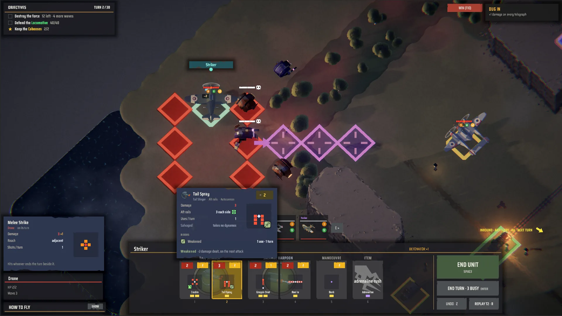 ROLL IN - aiming a tail gun at drones beside the fighter