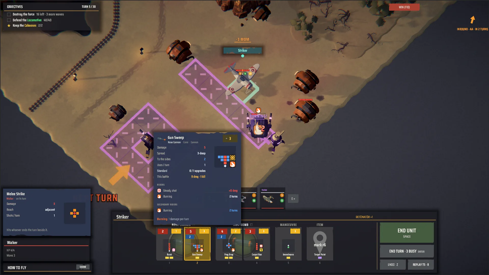ROLL IN - an enemy walker set burning by a cannon sweep